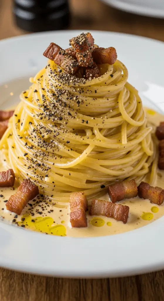 Service élégant spaghetti carbonara assiette blanche restaurant