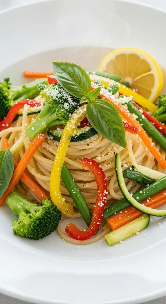 Service élégant spaghetti légumes croquants assiette raffinée colorée