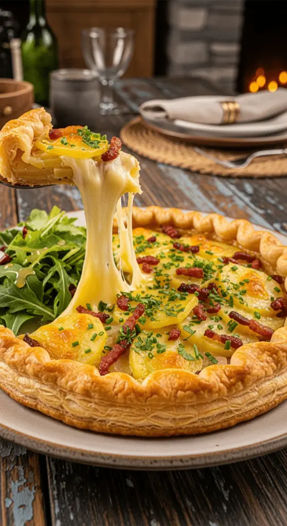 Service généreux tarte raclette tranche fondante fromage filant