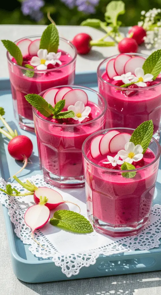 Service soupe froide radis betterave verrines élégantes décoration florale