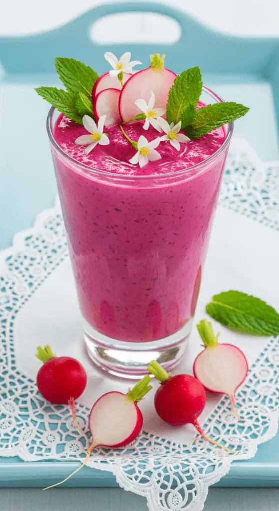 Soupe froide radis betterave rose fuchsia verrines décorées menthe fleurs comestibles