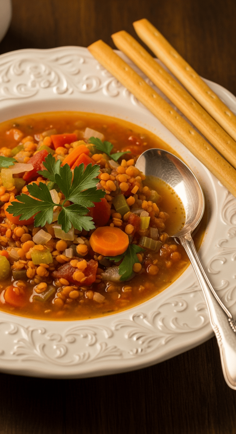 Soupe lentilles légumes fumante réconfortante nutritive colorée saine