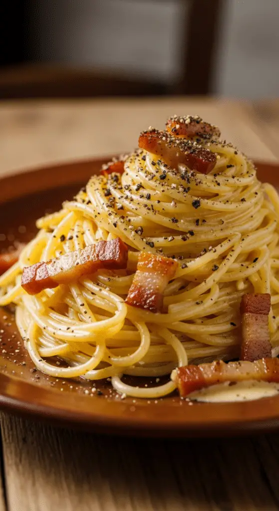 Spaghetti carbonara authentique sauce crémeuse œufs parfaite