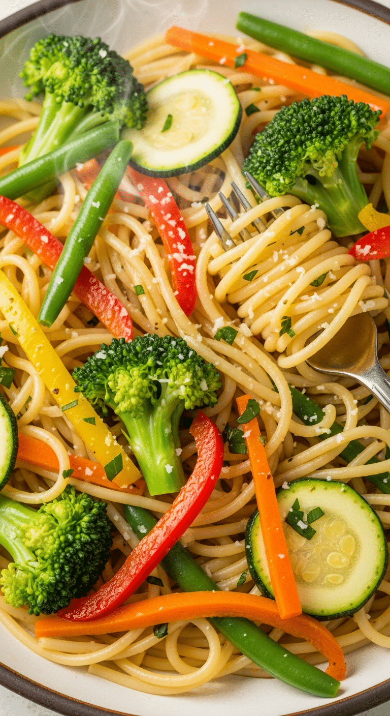 Spaghetti légumes croquants colorés vitaminés arc-en-ciel appétissants
