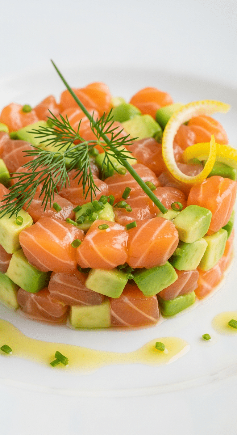 Tartare saumon frais avocat citron dressé cercle microgreens élégant