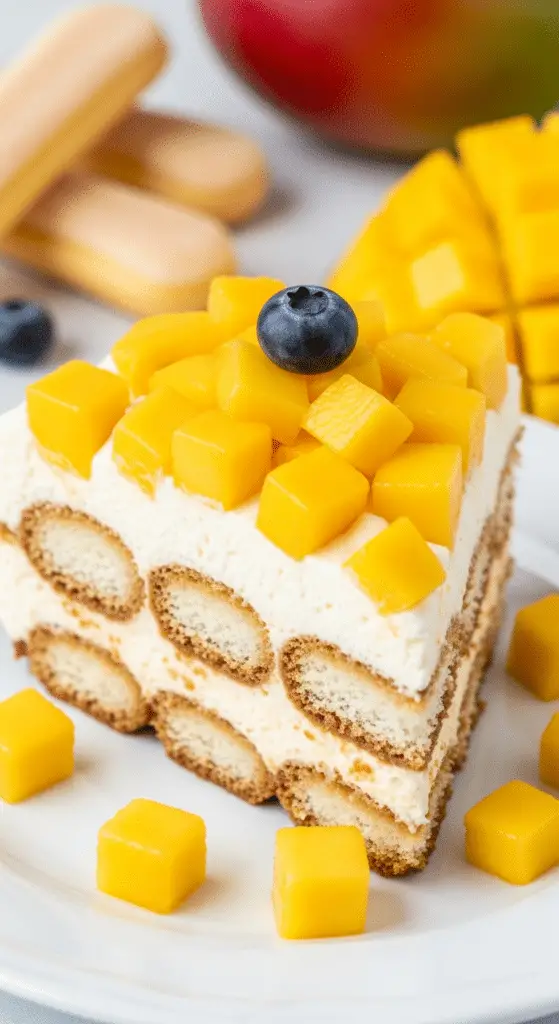 Tiramisu mangue-coco exotique avec couches visibles crème mascarpone mangue