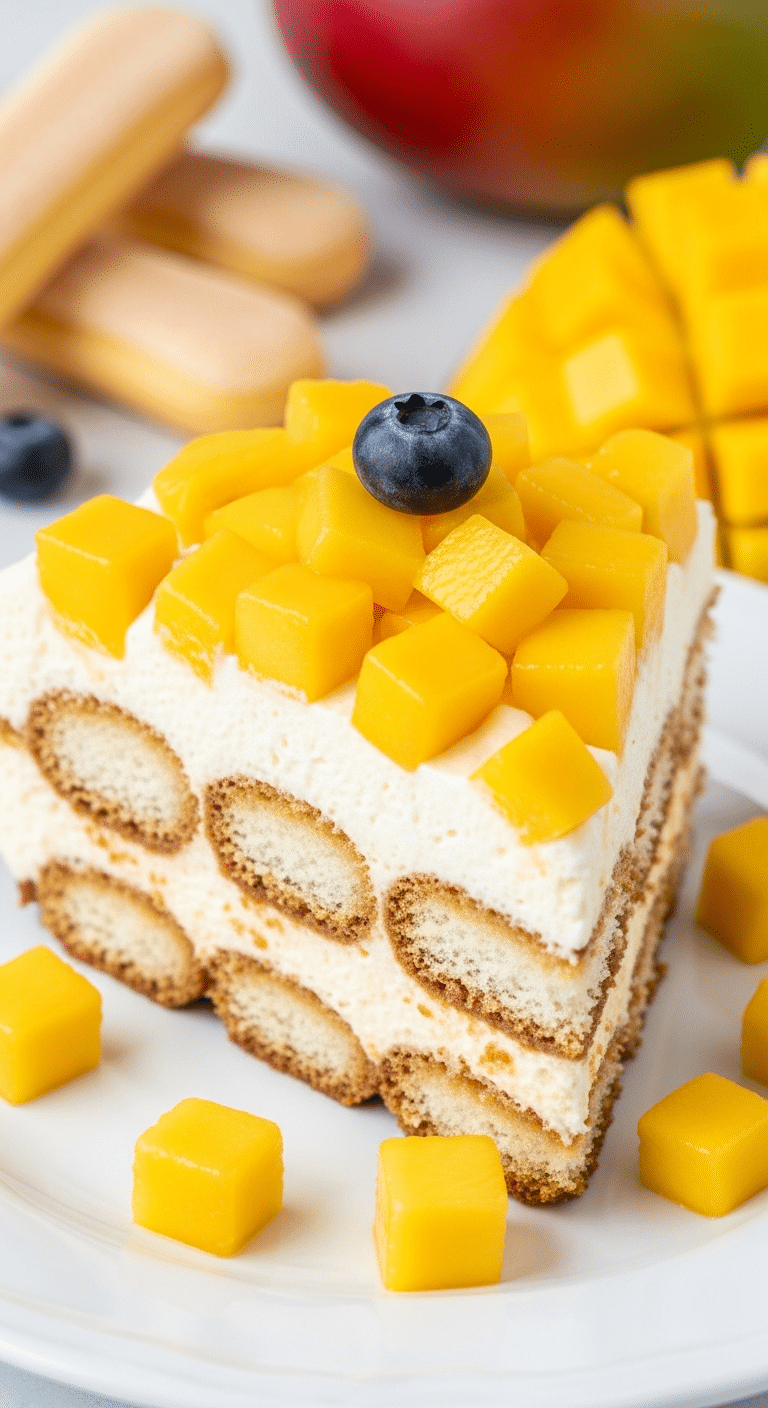 Tiramisu mangue-coco exotique avec couches visibles crème mascarpone mangue