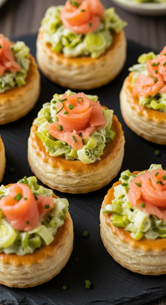 Versement appareil flan crémeux moules muffins poireaux saumon fumé