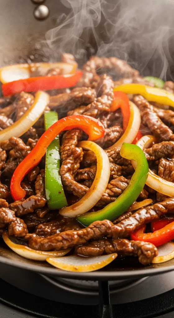 Wok de bœuf aux poivrons traditionnel avec légumes colorés croquants sauce brillante