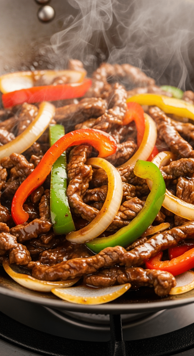 Wok de bœuf aux poivrons traditionnel avec légumes colorés croquants sauce brillante