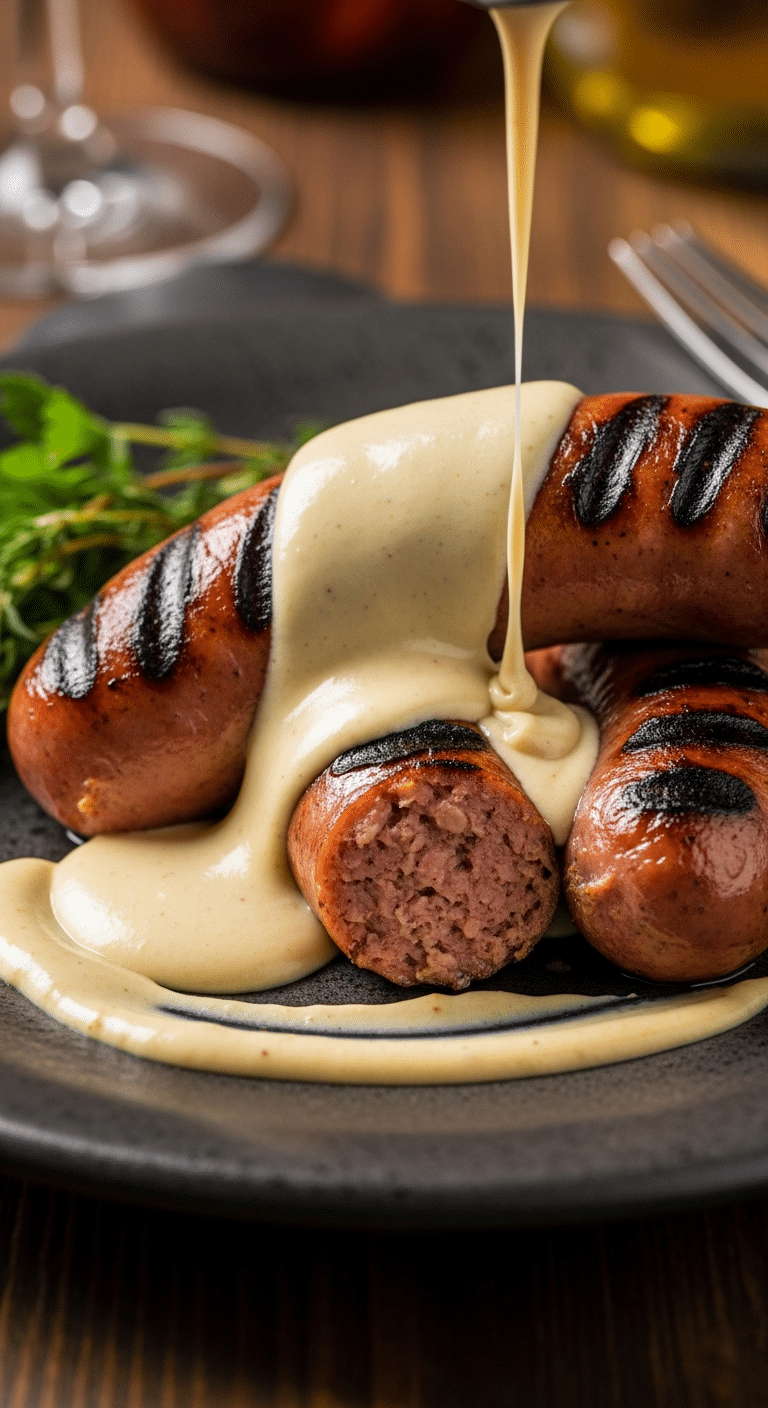 Andouillettes grillées nappées sauce moutarde crémeuse onctueuse