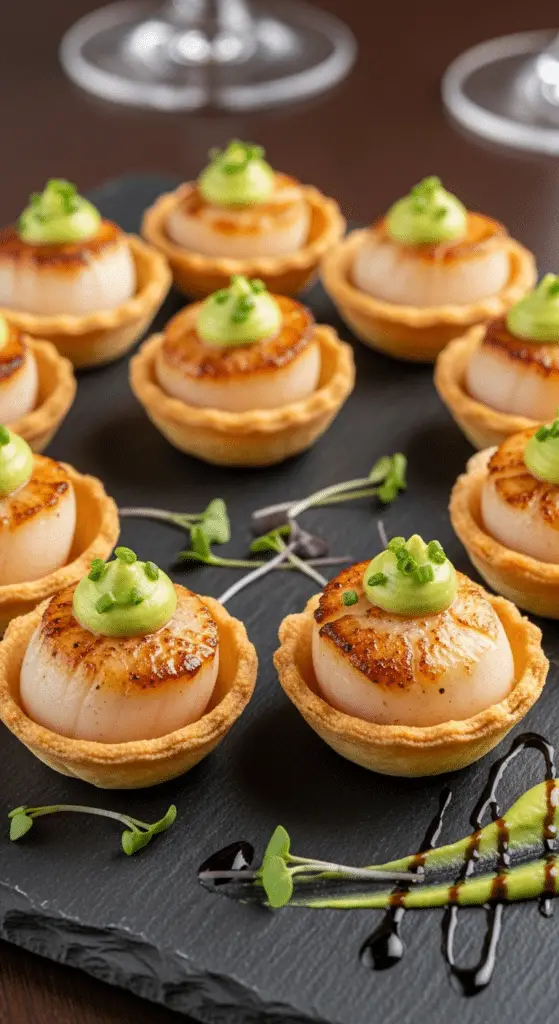 Assemblage élégant Saint-Jacques crème avocat coupes croustillantes coriandre