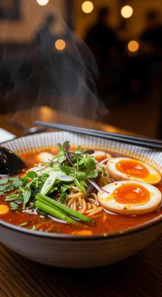 Bouillon ramen épicé fumant riche umami miso piment gingembre ail