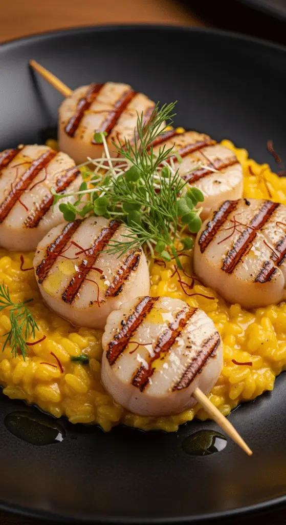 Brochettes Saint-Jacques risotto safran élégant gastronomique raffiné étoilé
