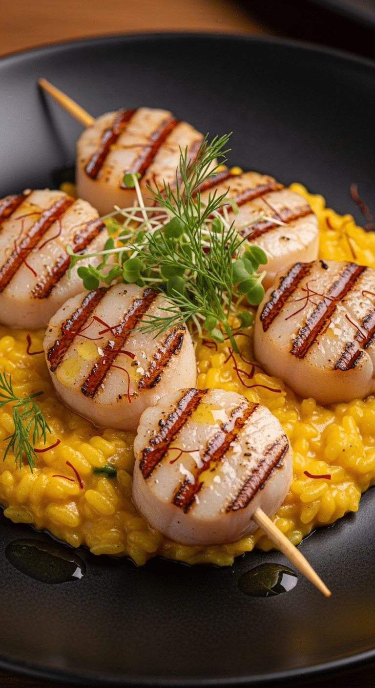 Brochettes Saint-Jacques risotto safran élégant gastronomique raffiné étoilé
