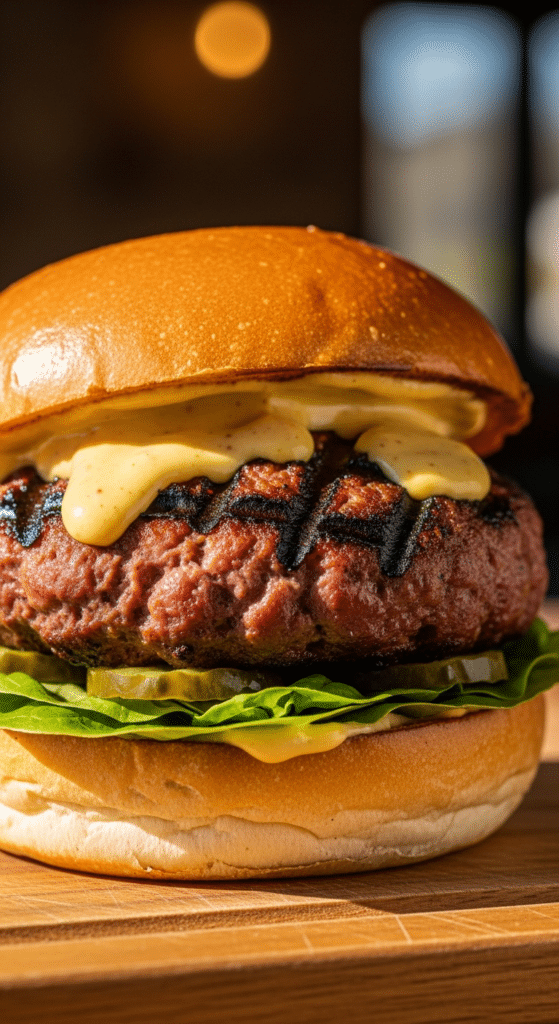 Burger andouillette grillée sauce moutarde croustillant audacieux français