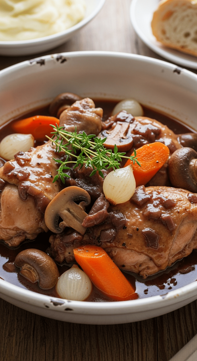 Coq au vin traditionnel bourguignon sauce vineuse profonde authentique