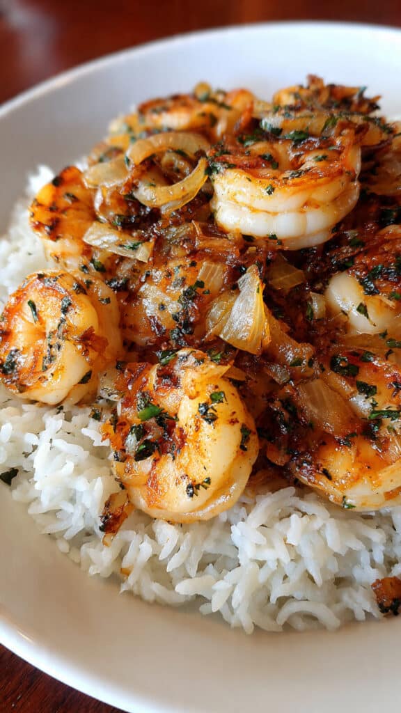 Crevettes oignons confits épices riz basmati oriental doré savoureux