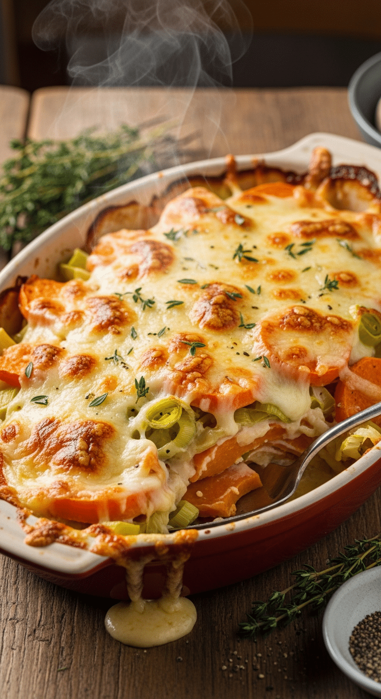 Gratin fondant poireaux patates douces avec croûte fromage dorée gratinée
