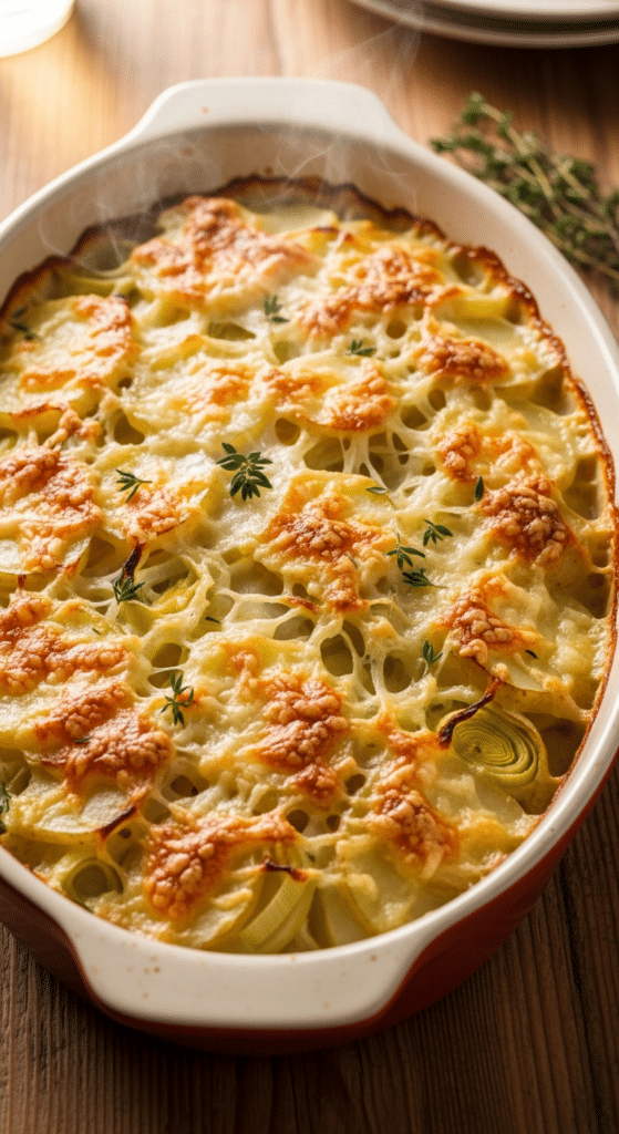 Gratin pommes de terre poireaux avec croûte fromage dorée gratinée