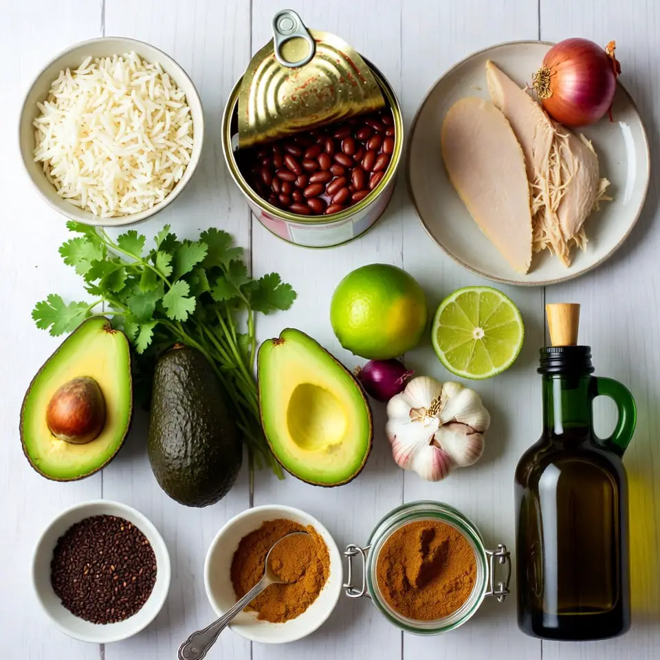 Ingrédients bol riz poulet effiloché haricots avocat frais qualité