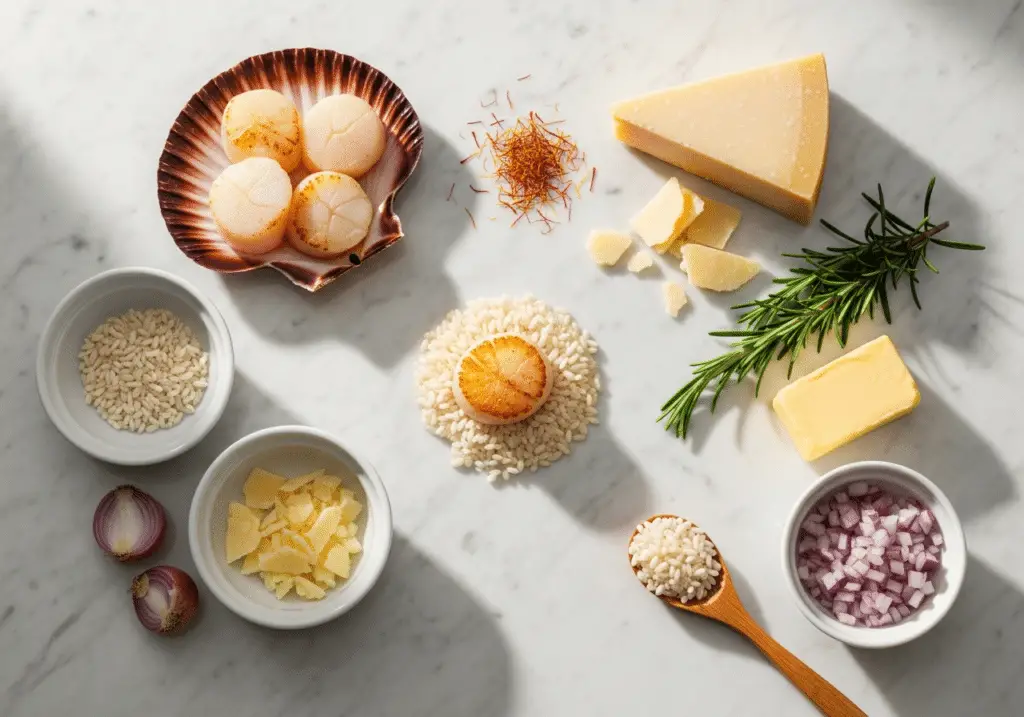 Ingrédients brochettes Saint-Jacques risotto safran premium qualité