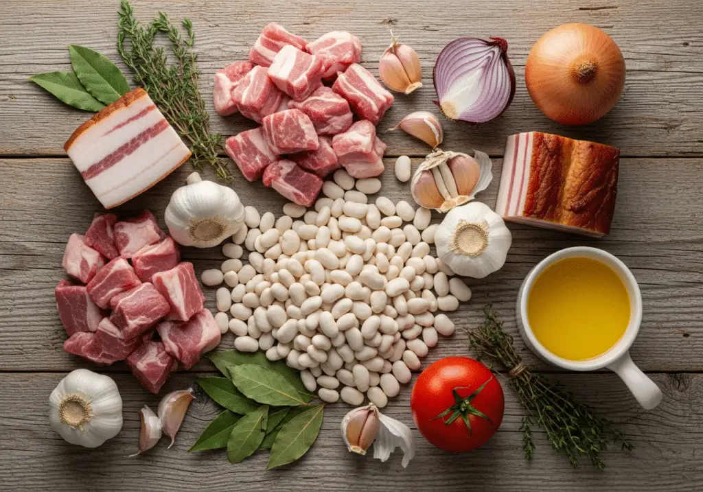 Ingrédients cassoulet rustique haricots blancs porc confit frais qualité