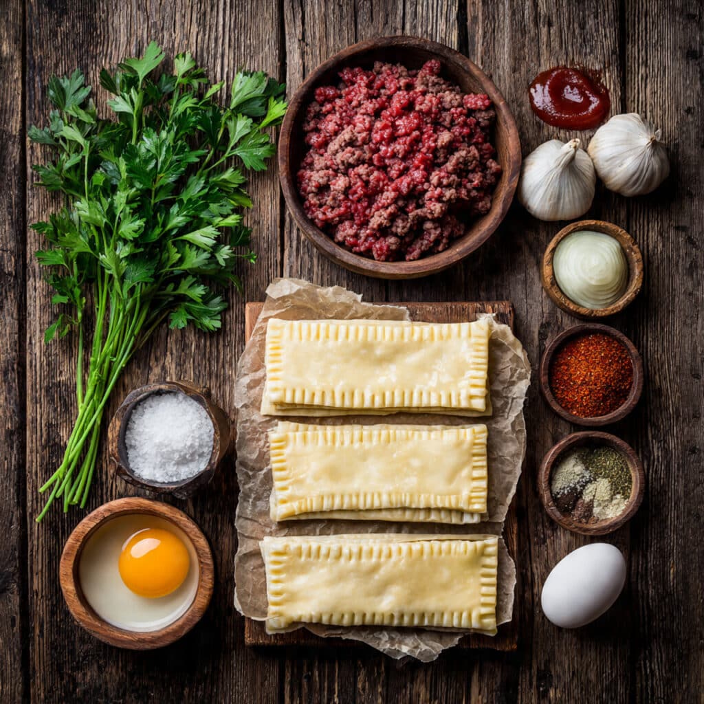 Ingrédients simples pour chaussons feuilletés viande disposés style boulangerie