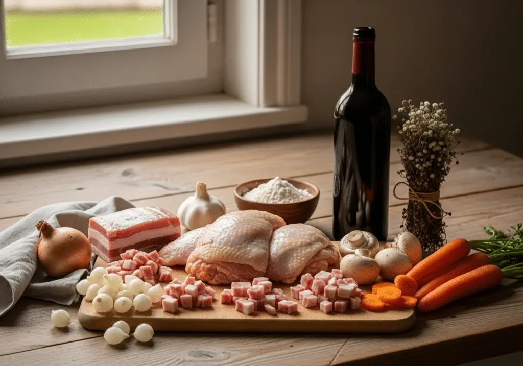 Ingrédients coq au vin traditionnel bourguignon frais qualité complets