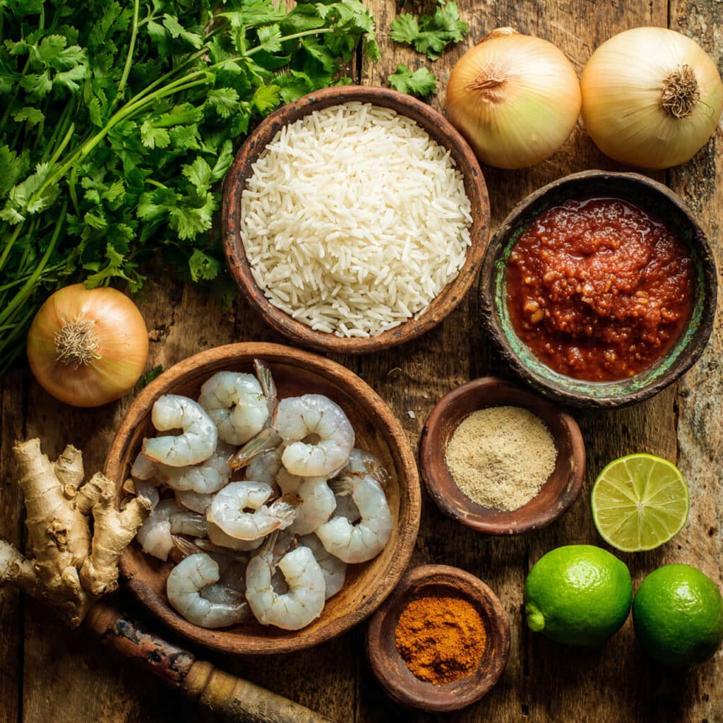 Ingrédients crevettes oignons confits épices riz basmati frais qualité