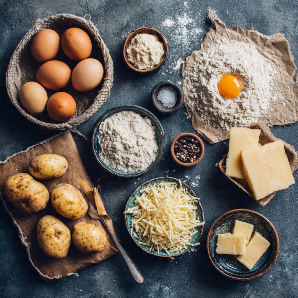 Ingrédients simples pour croquettes pommes terre disposés style bistrot