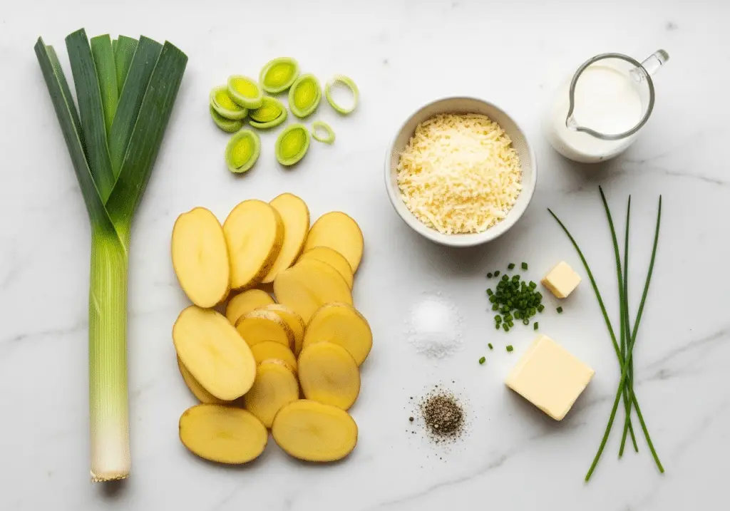 Ingrédients pour gratin pommes terre poireaux disposés sur marbre blanc