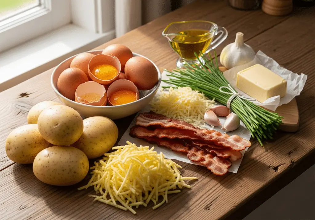 Ingrédients nids pommes terre œufs lardons frais qualité complètes