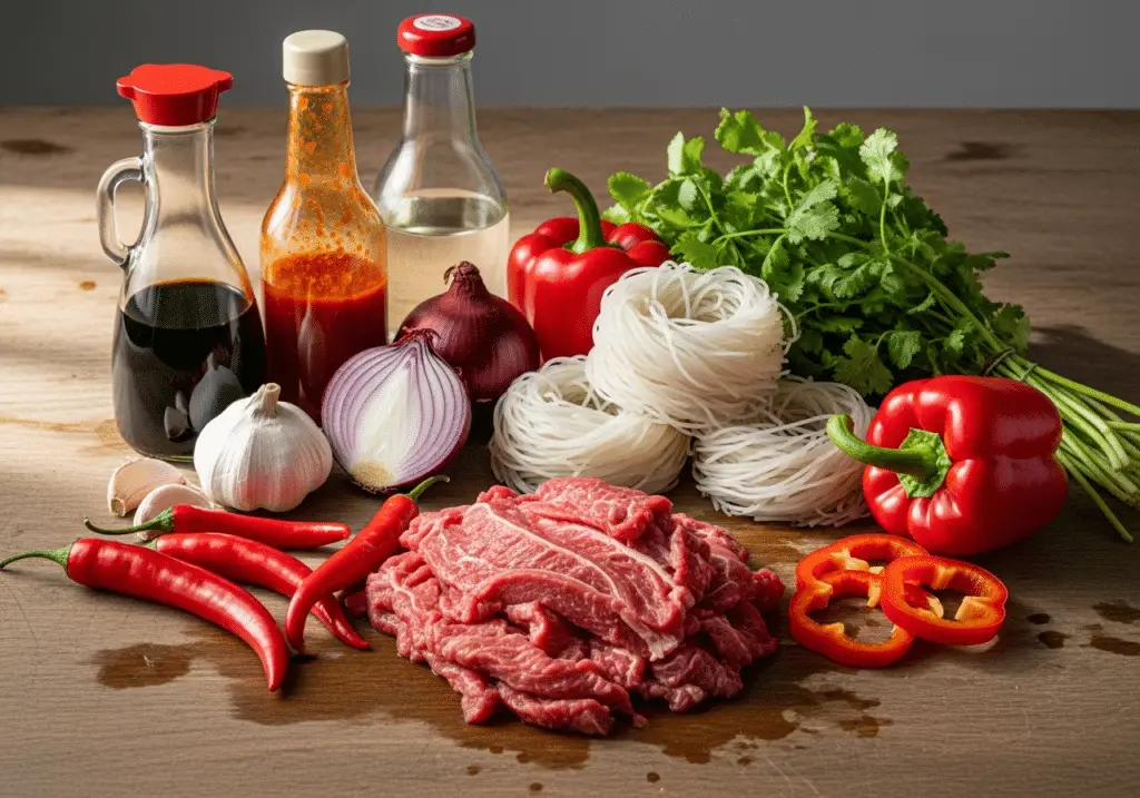Ingrédients nouilles épicées bœuf ail frais qualité asiatiques