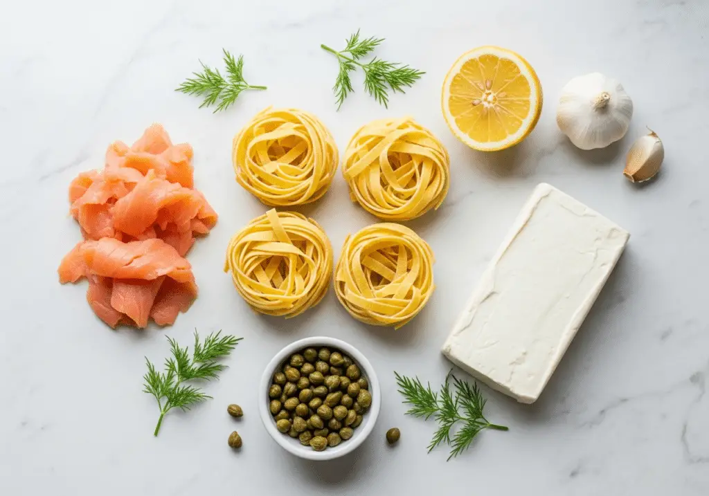 Ingrédients pour nouilles saumon fumé fromage frais disposés sur marbre