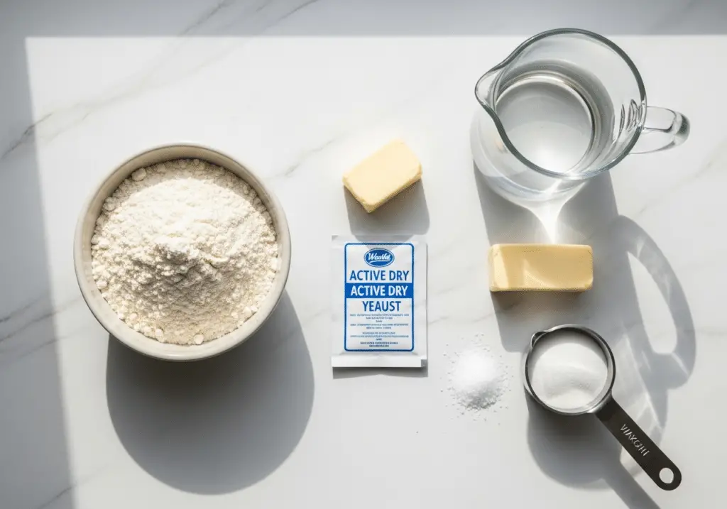 Ingrédients pour pains bretzel maison disposés sur marbre blanc