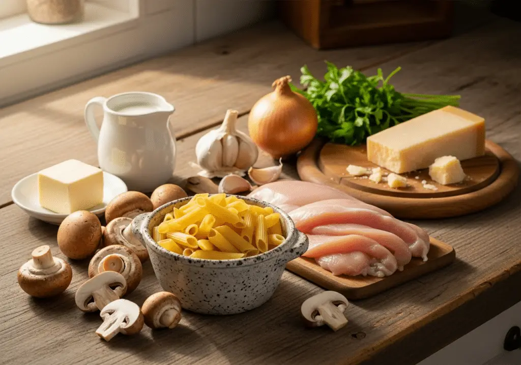 Ingrédients pâtes crémeuses poulet champignons frais qualité complets