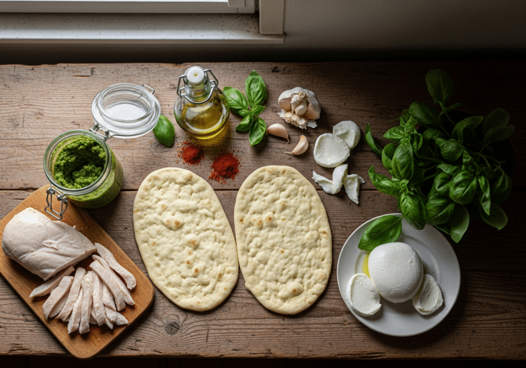 Ingrédients pinsa pesto poulet grillé mozzarella frais qualité