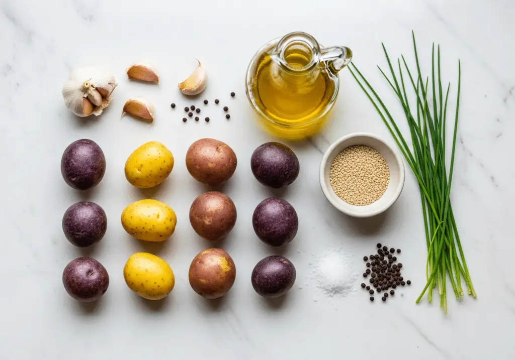 Ingrédients pour pommes de terre rôties bicolores disposés sur marbre blanc