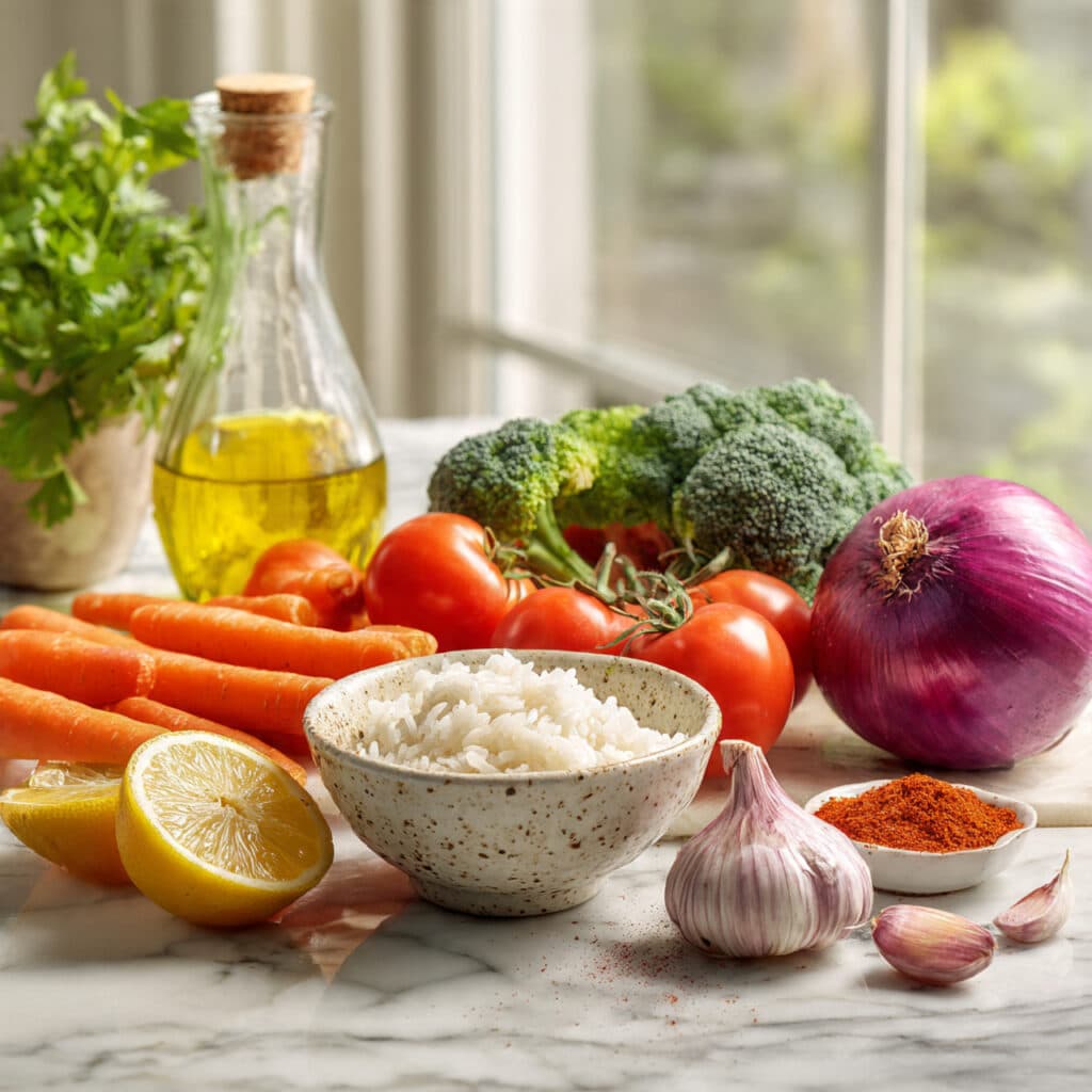 Ingrédients poulet miel légumes riz pilaf disposés marbre blanc séparés