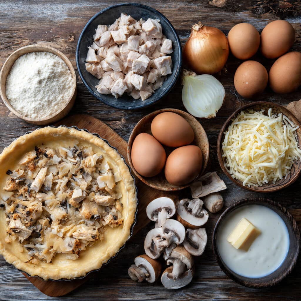 Ingrédients pour quiche poulet champignons disposés sur marbre blanc