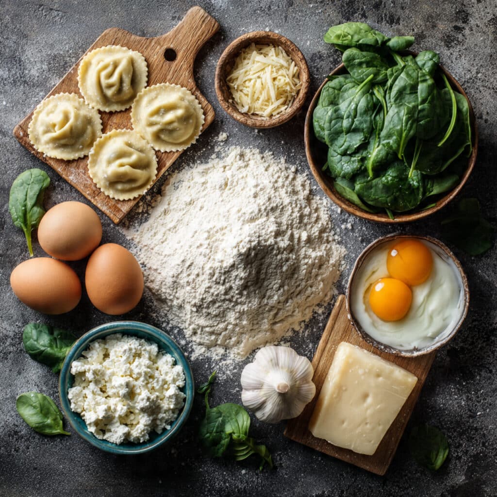 Ingrédients frais pour raviolis ricotta épinards disposés style italien