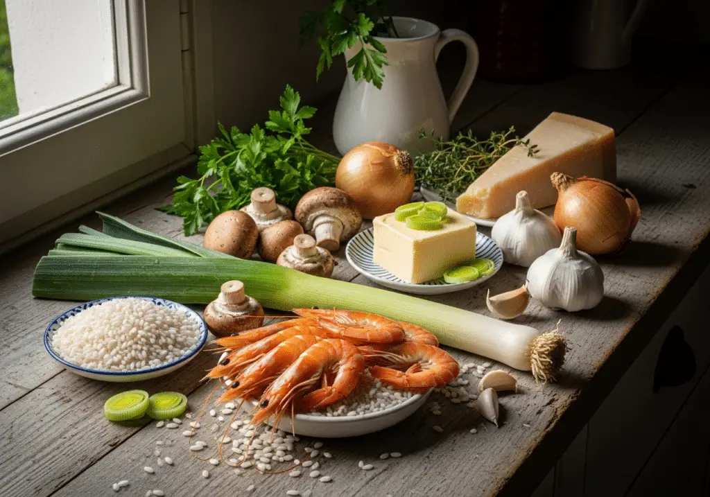 Ingrédients risotto crémeux crevettes poireaux frais qualité italiens