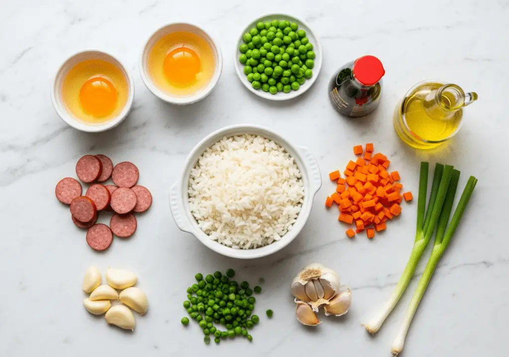 Ingrédients pour riz sauté légumes œuf disposés sur marbre blanc