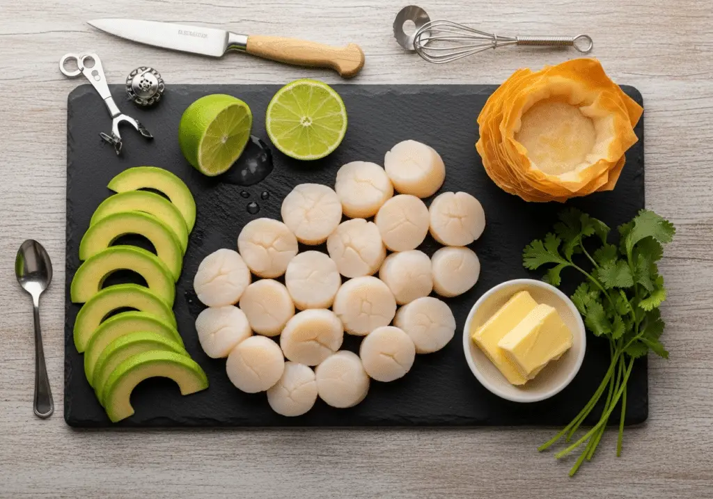 Ingrédients nobles pour Saint-Jacques mini-coupes avocat disposés style gastronomique