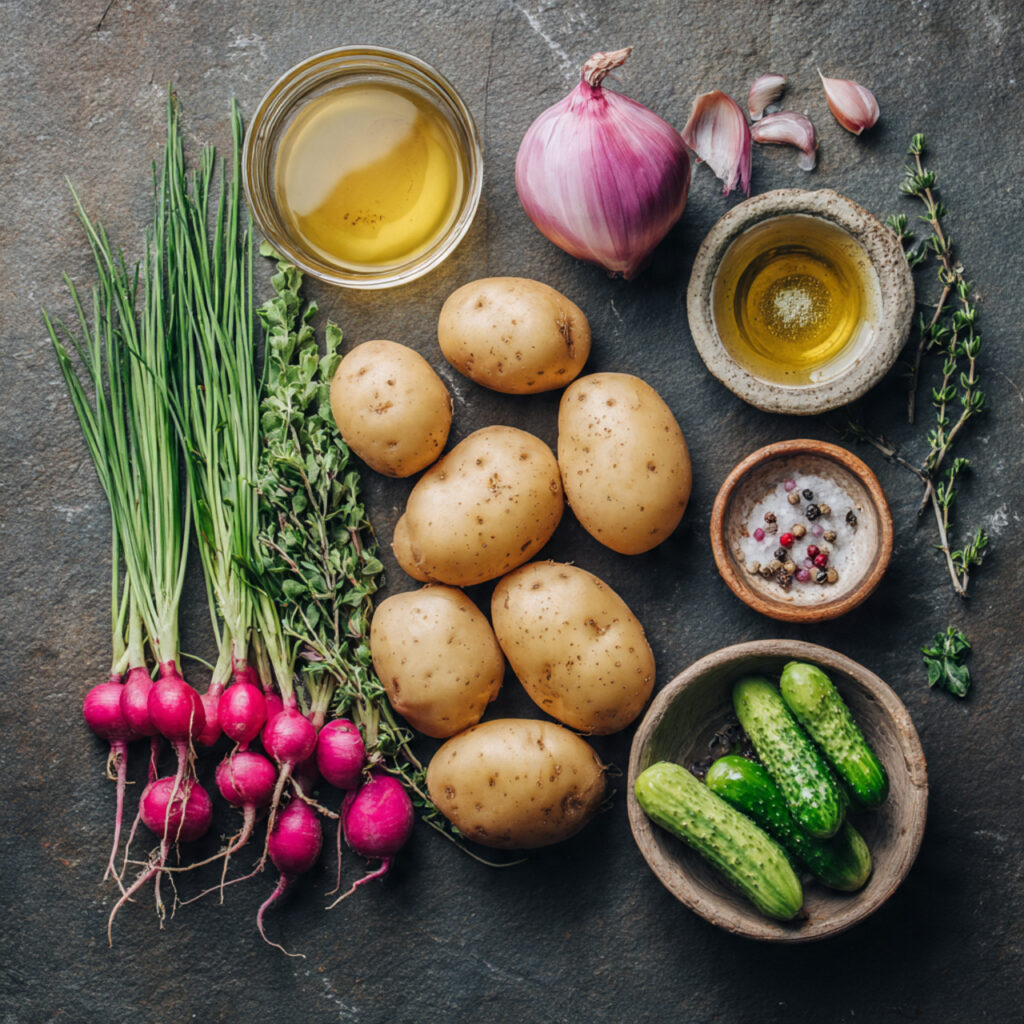 Ingrédients frais pour salade pommes terre estivale disposés style bistrot