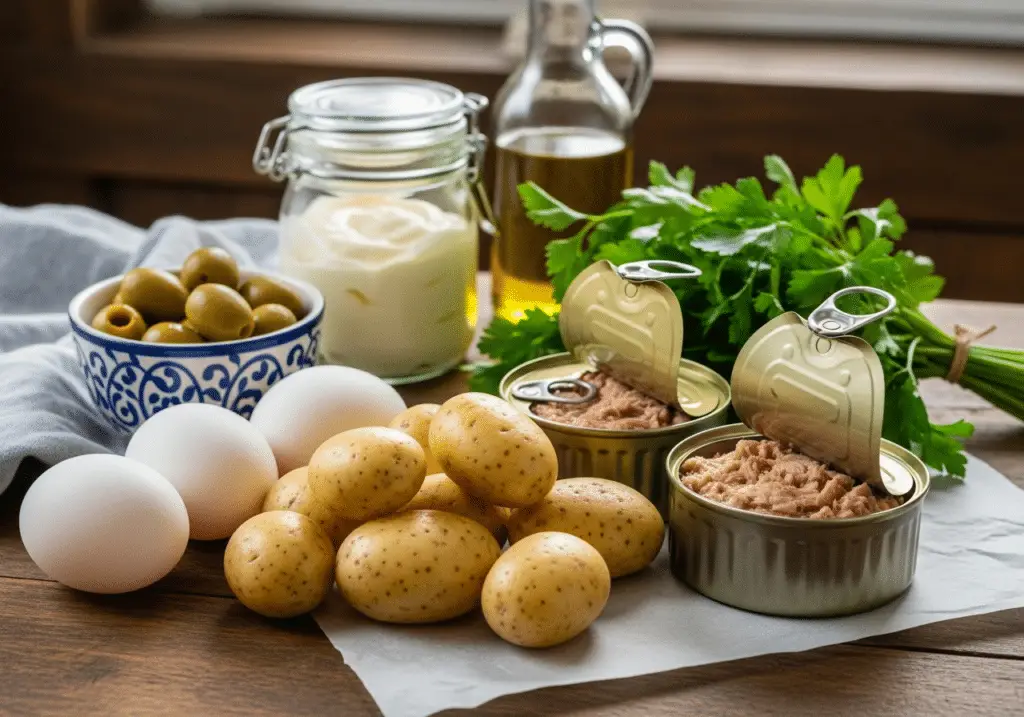 Ingrédients salade pommes terre thon œufs olives frais qualité