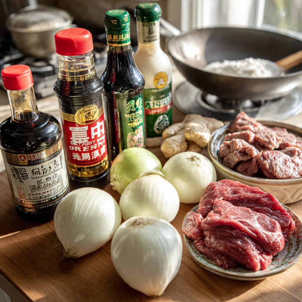 Ingrédients sauté bœuf oignons chinois frais qualité asiatiques