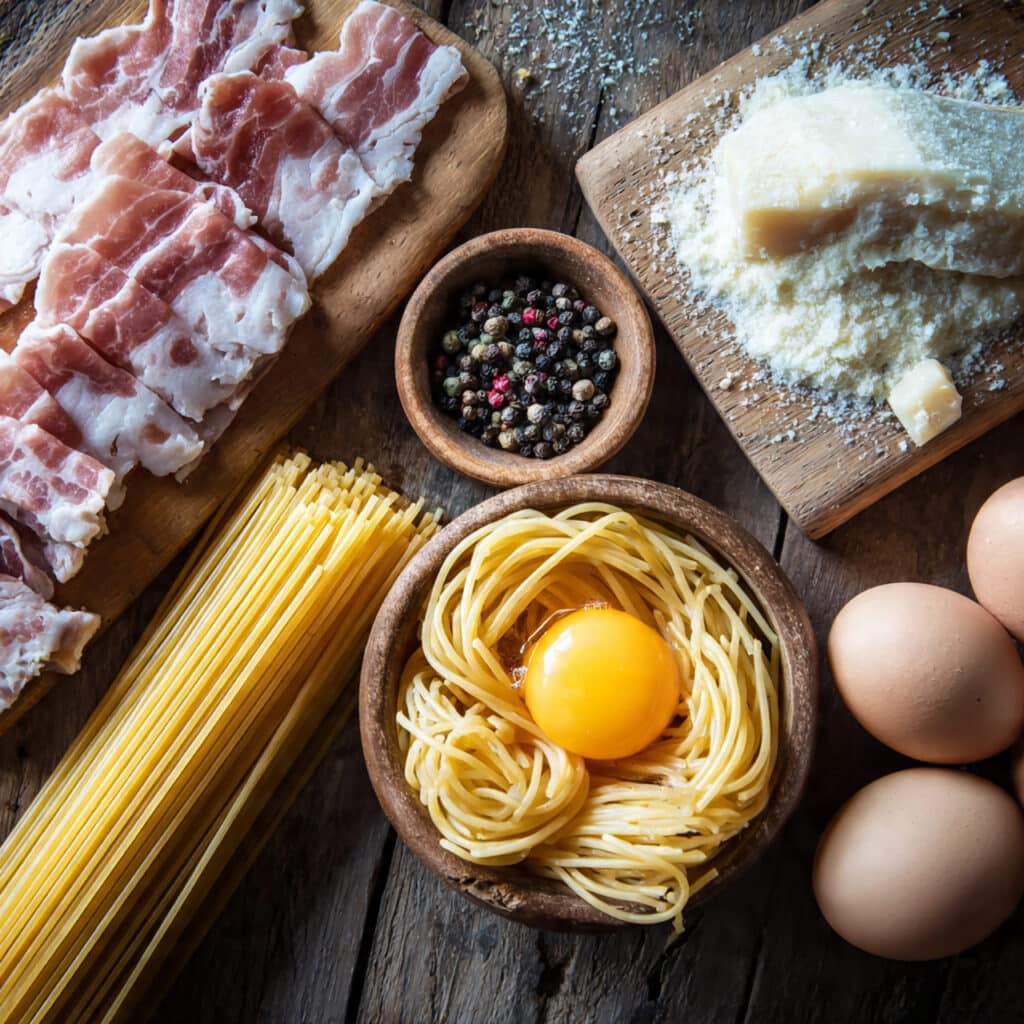 Ingrédients spaghettis carbonara œuf coulant frais italiens authentiques