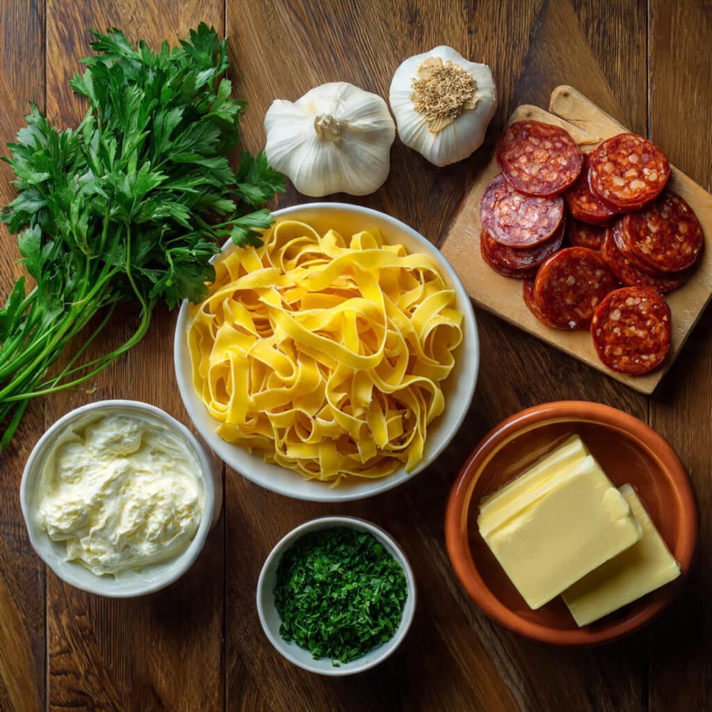 Ingrédients simples pour tagliatelles chorizo crème disposés style fusion